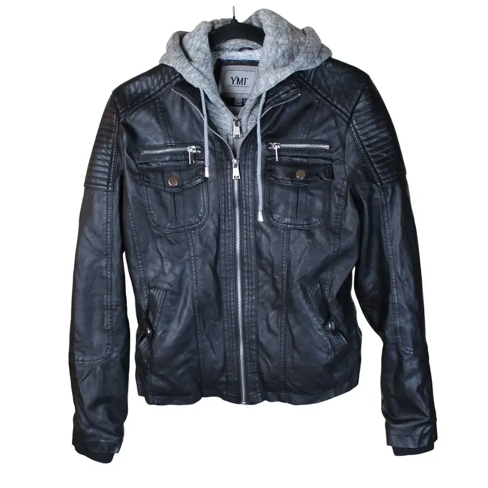 YMI Faux Leather Moto Jacket Black Hooded Sherpa Lined Women’s Medium Y2K Grunge